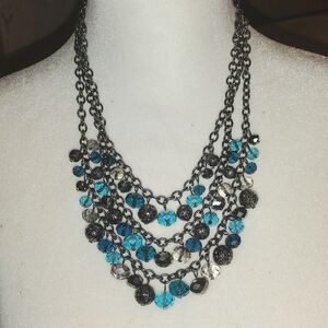 Gunmetal and Blue Glass Beading 3 Strand Statement Necklace NWOT